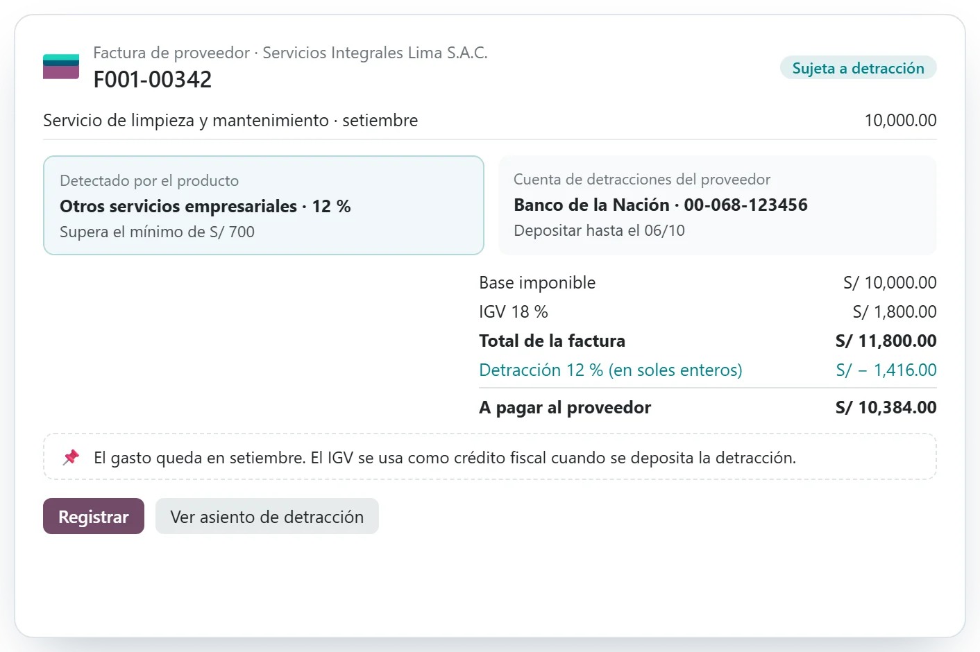 Factura con la detracción calculada en Odoo