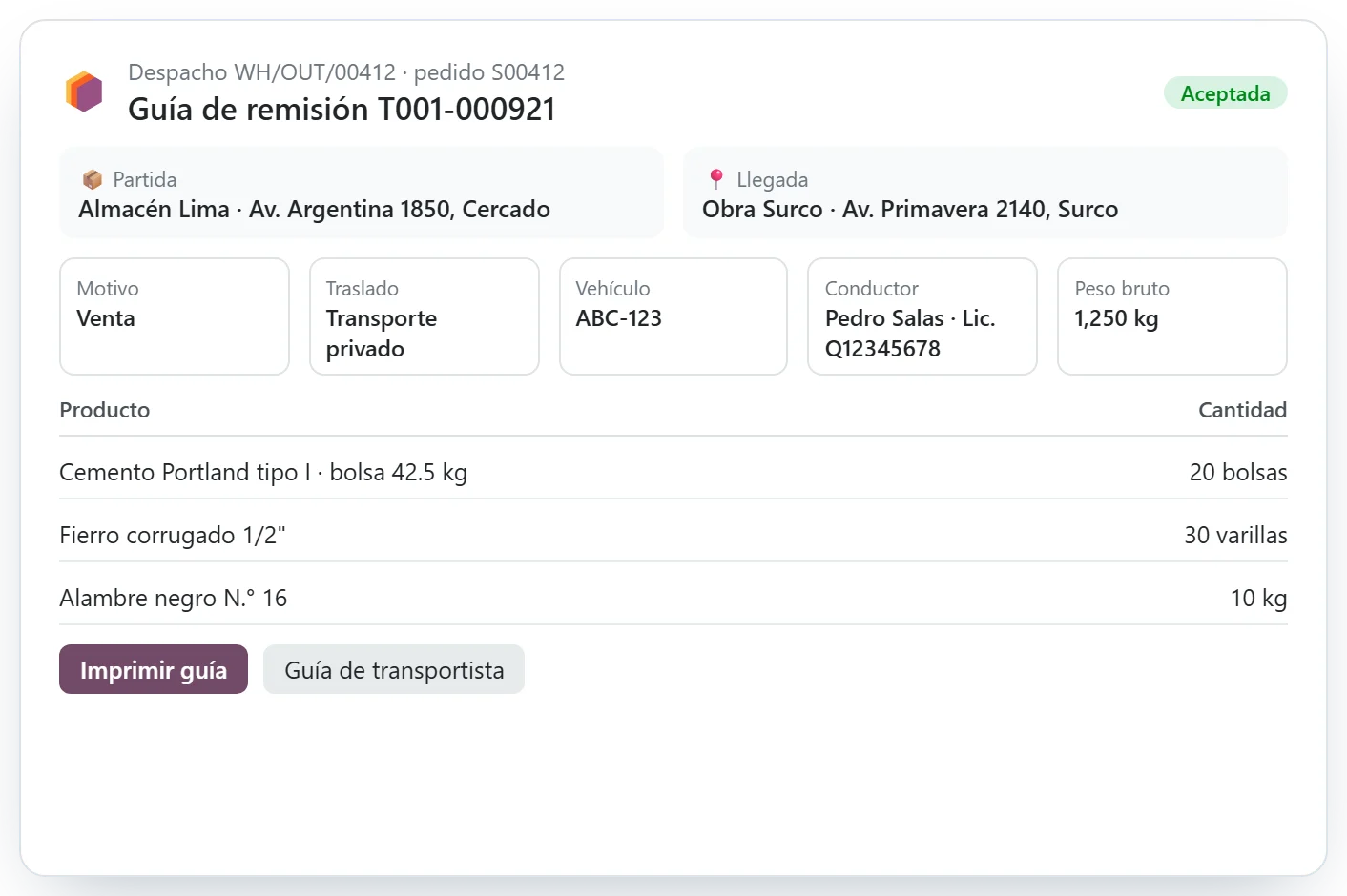 Guía de remisión electrónica emitida desde Odoo